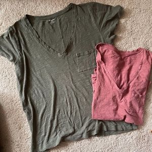 Madewell V-neck Tees, Med, green and pink, 100% cotton